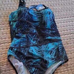 Tropical Blue and Black One-Piece Swimsuit Womens Plus
